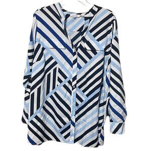 Calvin Klein Women's Woven Split V-Neck Geo Roll-Tab Sleeve Button Front Top 1X